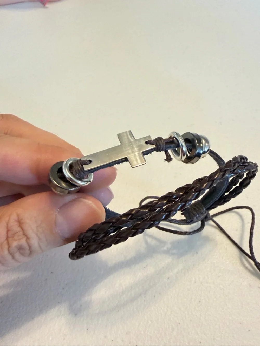 Braided Brown Bracelet With Cross.